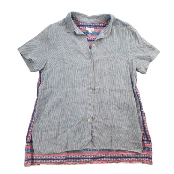 J. Jill Linen Cotton Mixed Media Pearlescent Button Front Bohemian Floral Blouse - Picture 2 of 10